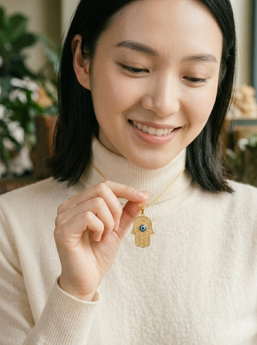 Hamsa Evil Eye Gold Pendant